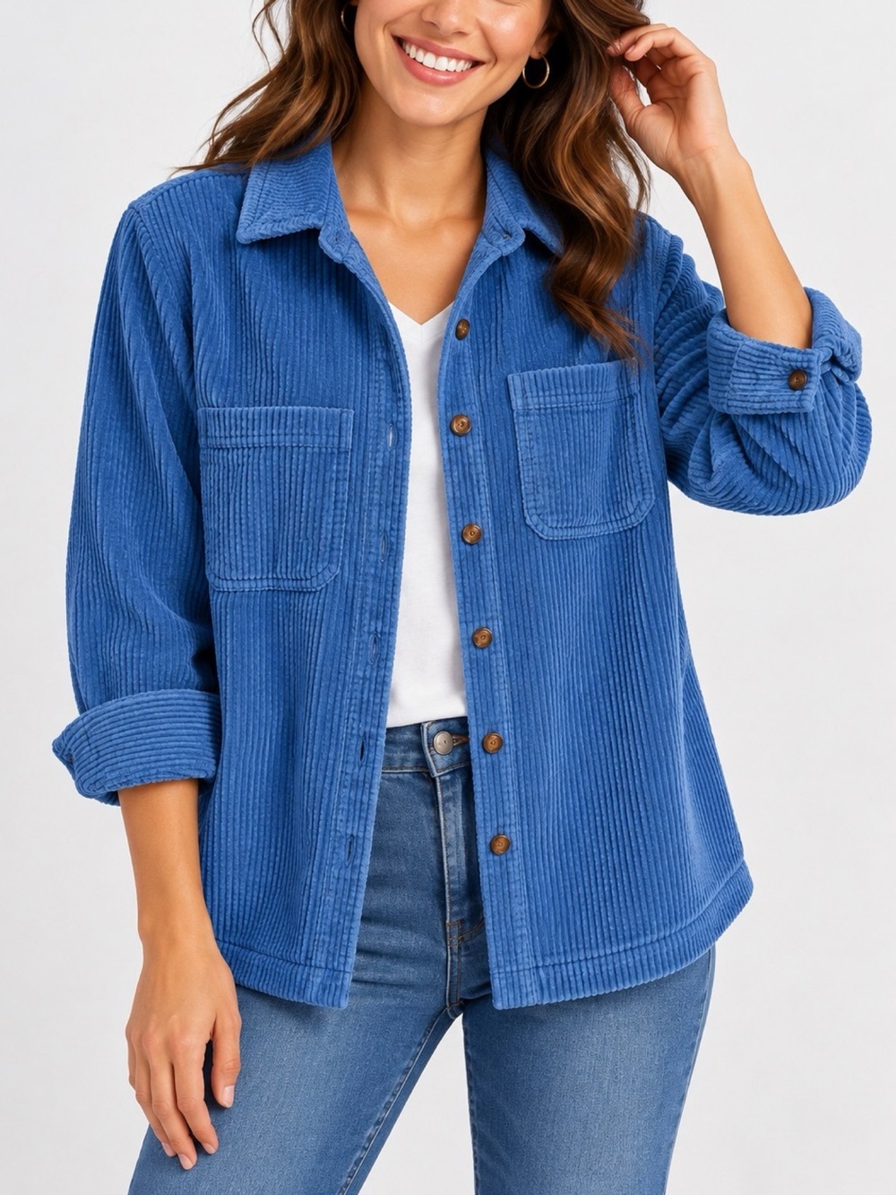 L.L. Bean Corduroy Button Down Shirt Pockets Blue Medium